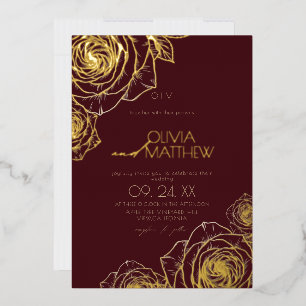 Modern Minimal Burgundy Flowers Gold Rose Wedding