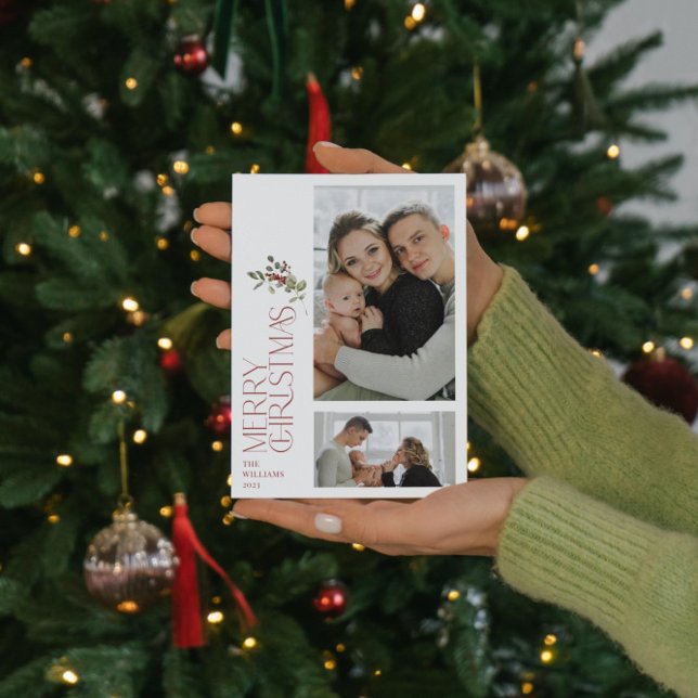 Modern Minimal Burgundy Merry Typography 2 Photo Holiday Card (Creator Uploaded)