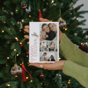 Modern Minimal Burgundy Merry Typography 4 Photo Holiday Card