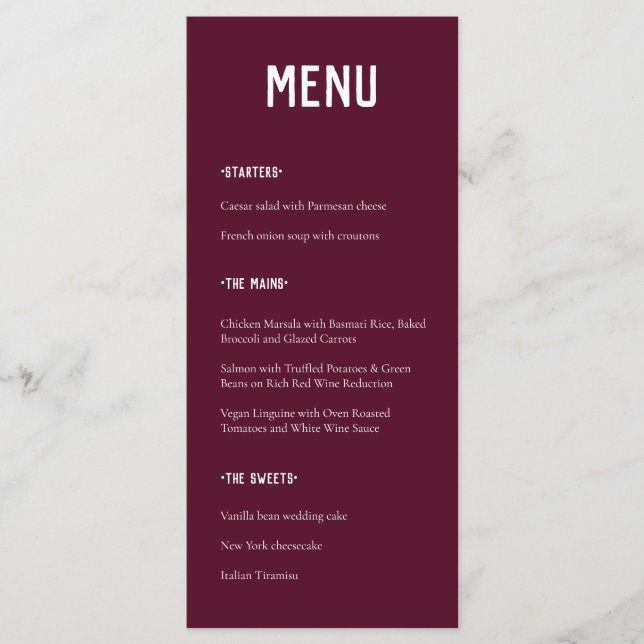 Modern Minimal Burgundy Typography Wedding Menu (Front)