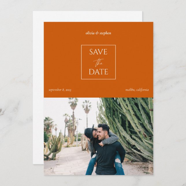 Modern Minimal Burnt Orange Typography Photo Save The Date (Front/Back)