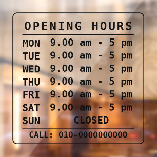 Modern, Minimal Business Opening Time Hours Door Window Cling