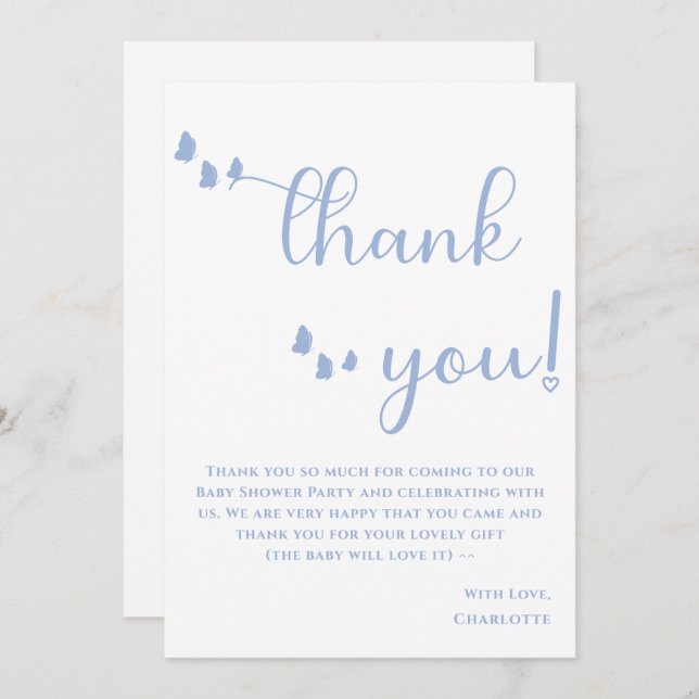 Modern Minimal Butterfly Calligraphy Baby Shower Thank You Card (Front/Back)