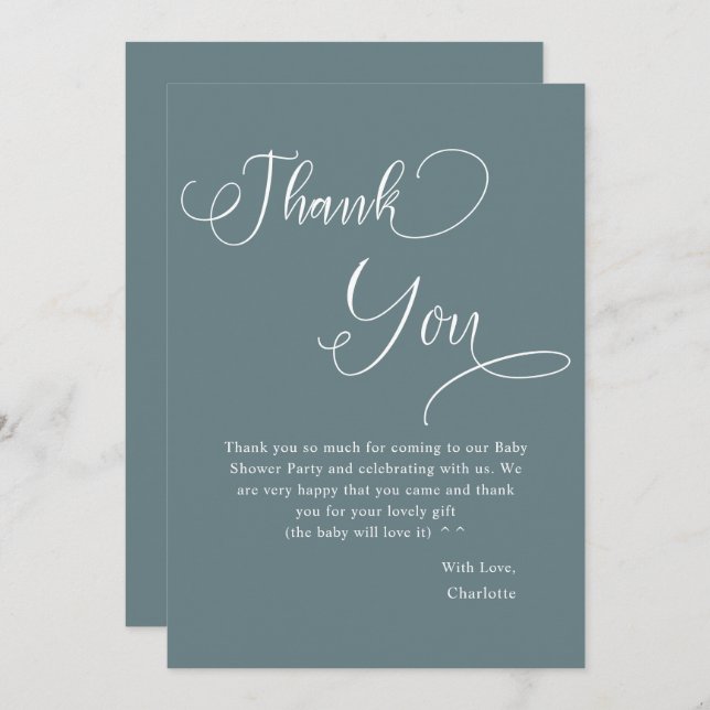 Modern Minimal Calligraphy Baby Boy Shower Thank You Card (Front/Back)