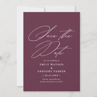 Modern Minimal Calligraphy Burgundy Wedding Save The Date