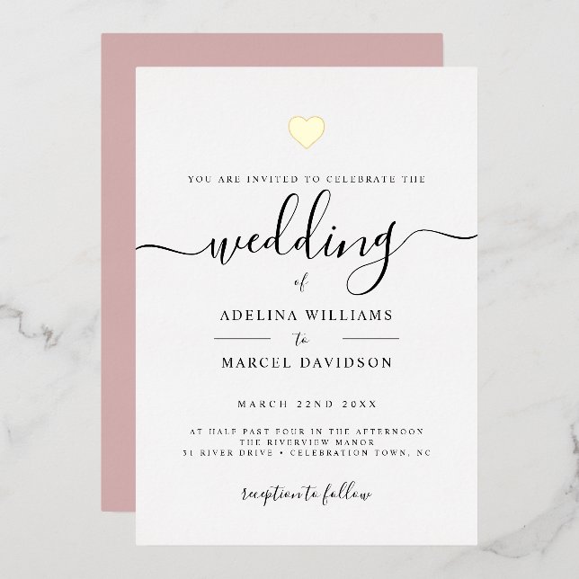 Modern Minimal Calligraphy Gold Heart Wedding (Front/Back)