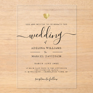 Modern Minimal Calligraphy Gold Heart Wedding Acrylic Invitations