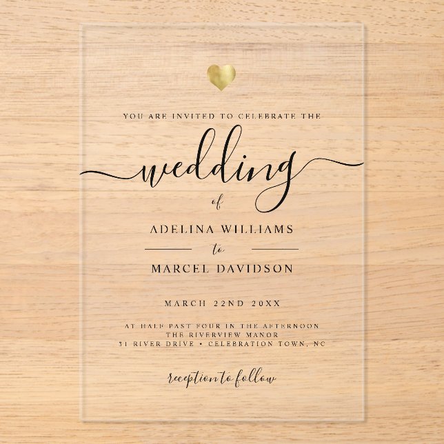 Modern Minimal Calligraphy Gold Heart Wedding Acrylic Invitations (Front)