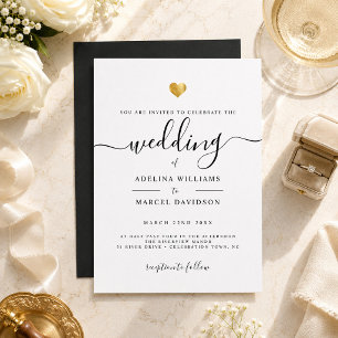 Modern Minimal Calligraphy Gold Heart Wedding Invitation
