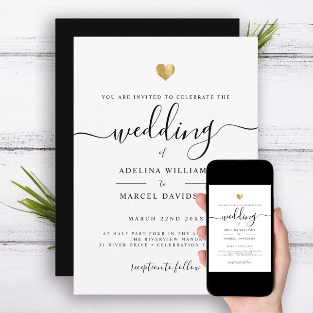 Modern Minimal Calligraphy Gold Heart Wedding Invitation (Creator Uploaded)