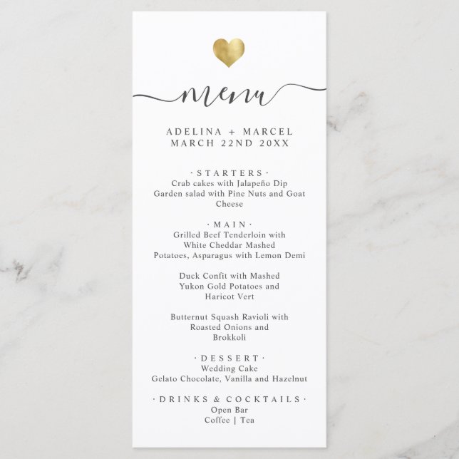 Modern Minimal Calligraphy Gold Heart Wedding Menu (Front)