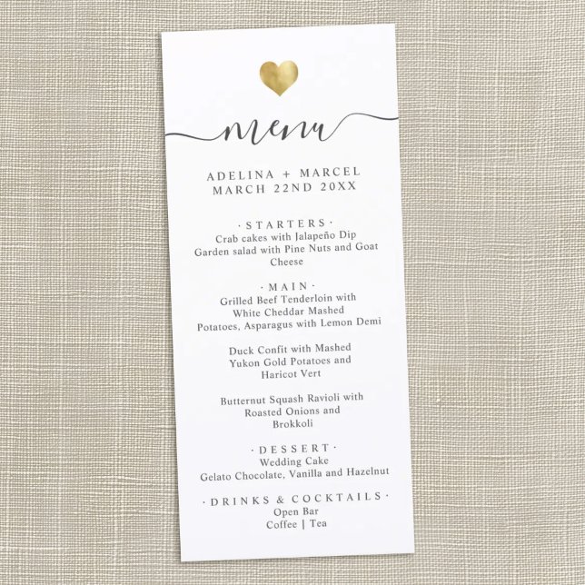 Modern Minimal Calligraphy Gold Heart Wedding Menu (Creator Uploaded)