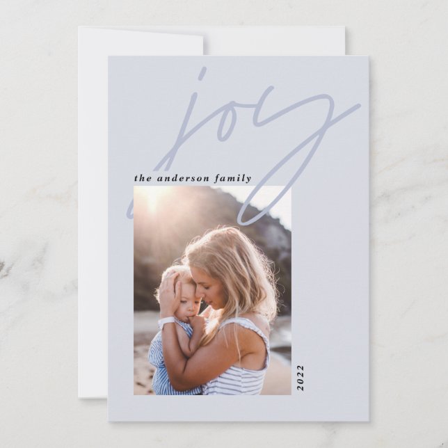 modern minimal calligraphy joy pastel blue 1 photo holiday card (Front)