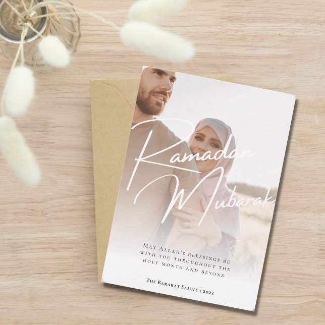 Modern Minimal Calligraphy Ramadan Mubarak Photo Holiday Card (Creator Uploaded)