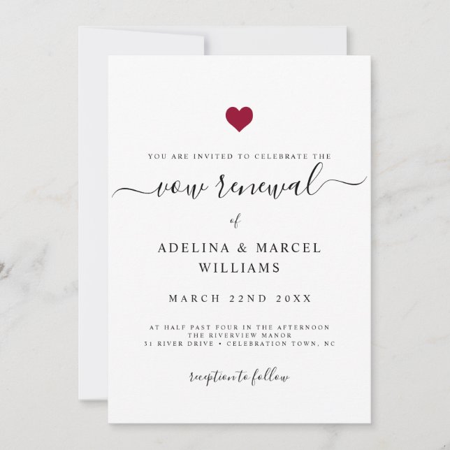Modern Minimal Calligraphy Red Heart Vow Renewal Invitation (Front)