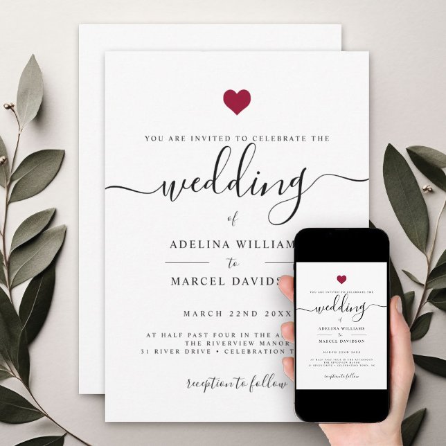 Modern Minimal Calligraphy Red Heart Wedding Invitation (Creator Uploaded)