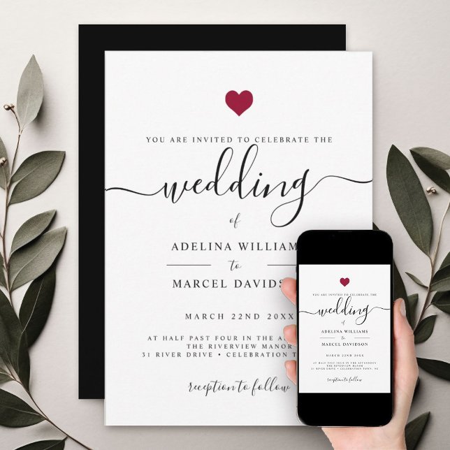Modern Minimal Calligraphy Red Heart Wedding Invitation (Creator Uploaded)