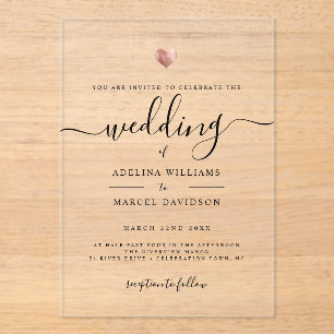 Modern Minimal Calligraphy Rose Gold Heart Wedding Acrylic Invitations