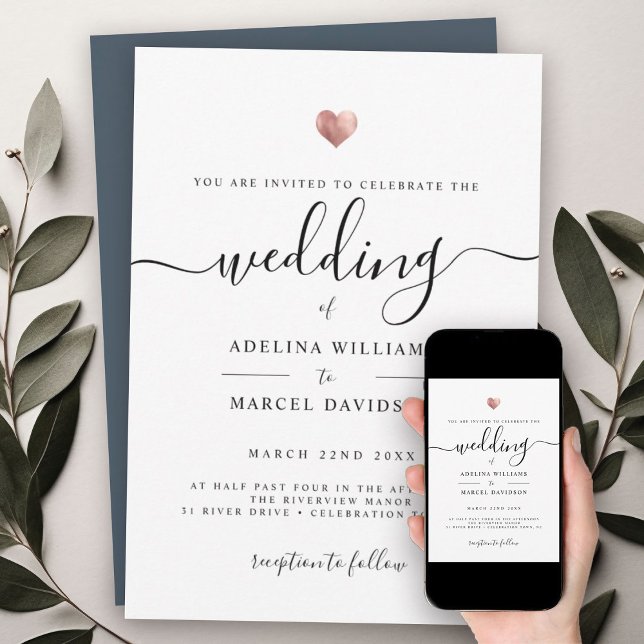 Modern Minimal Calligraphy Rose Gold Heart Wedding Invitation (Creator Uploaded)