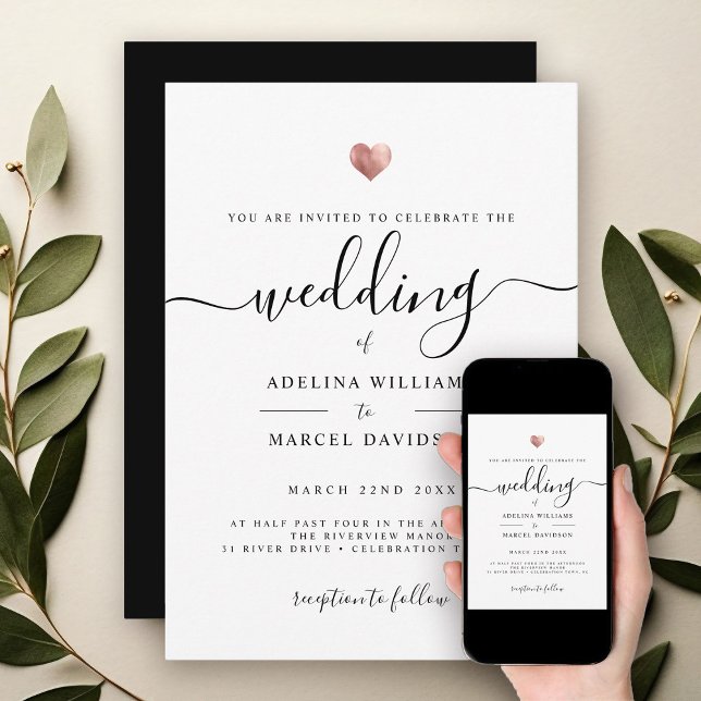 Modern Minimal Calligraphy Rose Gold Heart Wedding Invitation (Creator Uploaded)