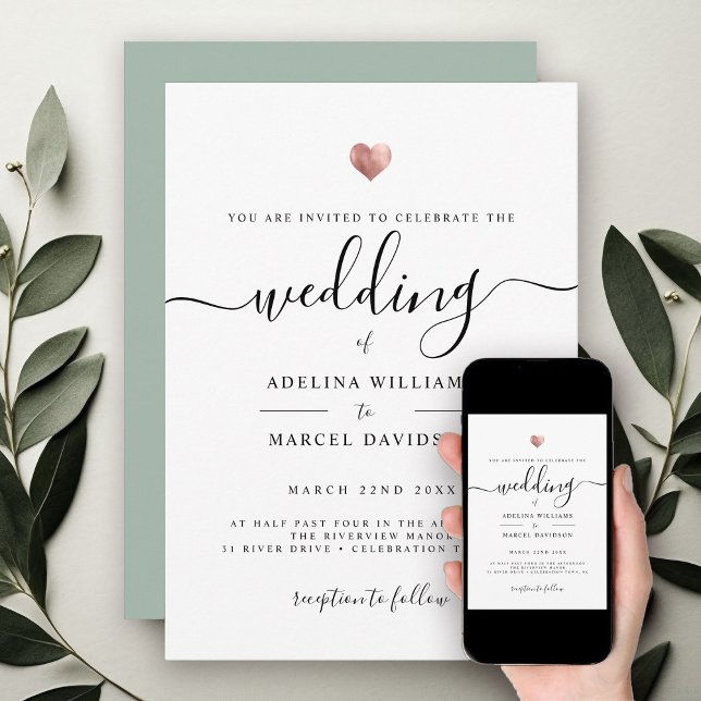Modern Minimal Calligraphy Rose Gold Heart Wedding Invitation (Creator Uploaded)