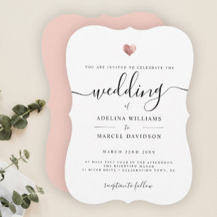 Modern Minimal Calligraphy Rose Gold Heart Wedding Invitation
