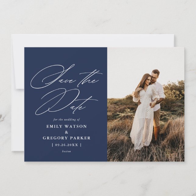 Modern Minimal Calligraphy Wedding Photo Save The Date (Front)
