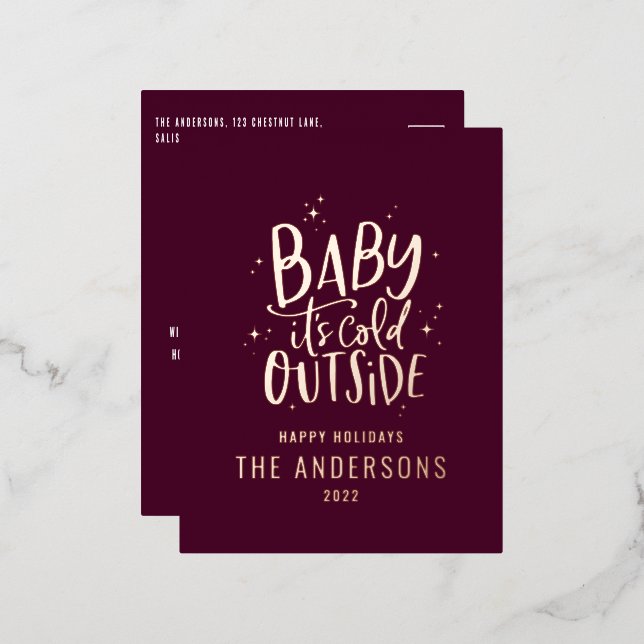 Modern minimal Christmas burgundy elegant Foil Hol Foil Holiday Postcard (Front/Back)