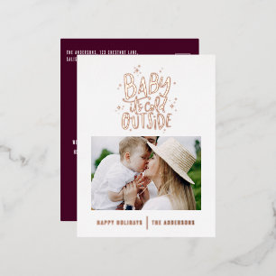 Modern minimal Christmas burgundy elegant photo Foil Holiday Postcard