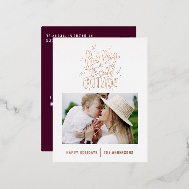 Modern minimal Christmas burgundy elegant photo Foil Holiday Postcard (Front/Back)
