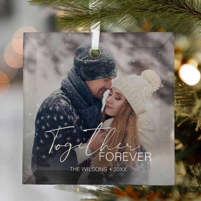 Modern Minimal Christmas Couple Photo Glass Tree Decoration (Creator Uploaded)