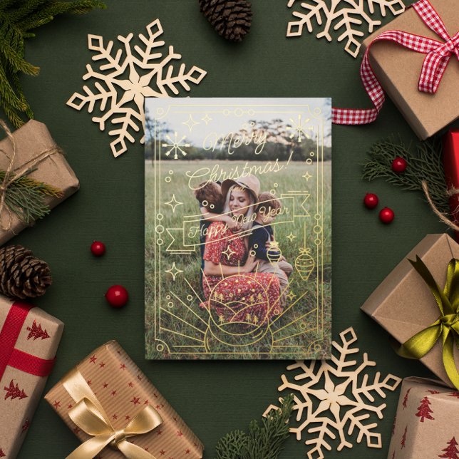 Modern Minimal Christmas Line Art | 5 Photo Foil Holiday Card (Creator Uploaded)