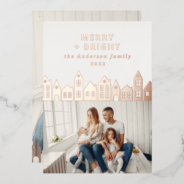 Modern minimal Christmas Nordic houses 2 photo Foil Holiday Card (Front/Back)