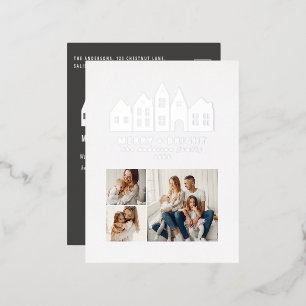 Modern minimal Christmas Nordic houses 3 photo Foil Holiday Postcard