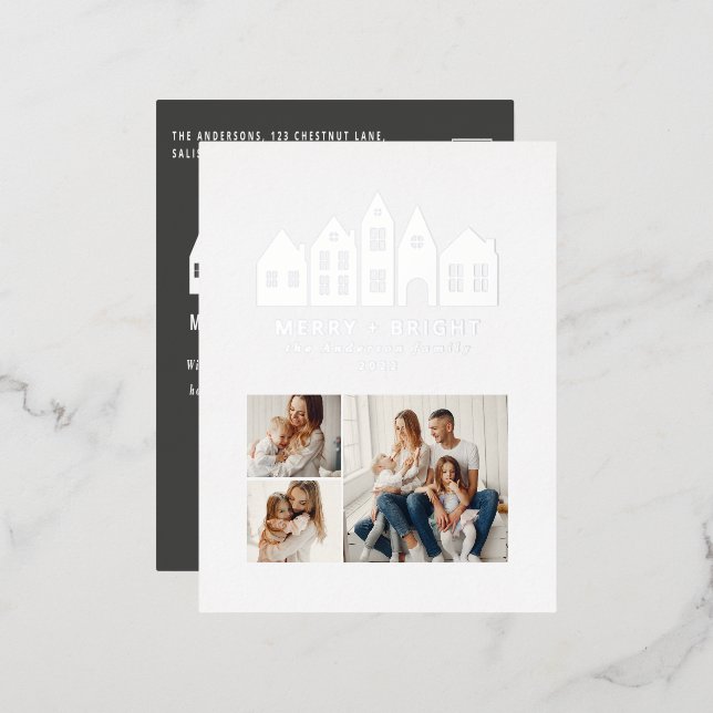 Modern minimal Christmas Nordic houses 3 photo Foil Holiday Postcard (Front/Back)