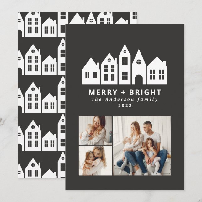 Modern minimal Christmas Nordic houses 3 photo Hol Holiday Card (Front/Back)