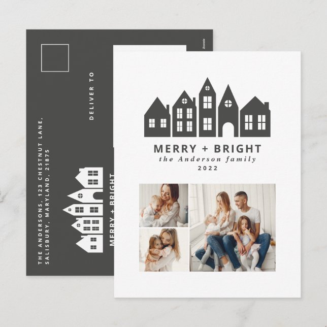 Modern minimal Christmas Nordic houses 3 photo Hol Holiday Postcard (Front/Back)
