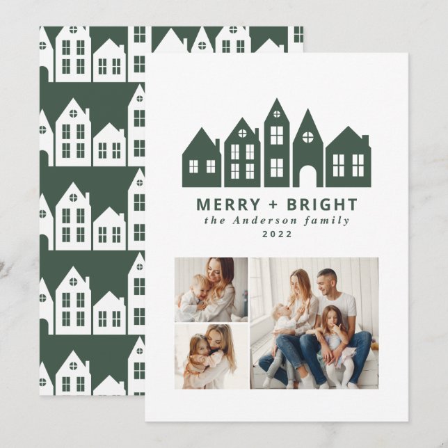 Modern minimal Christmas Nordic houses 3 photo Holiday Card (Front/Back)
