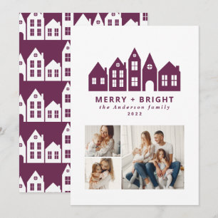 Modern minimal Christmas purple houses 3 photo Holiday Card
