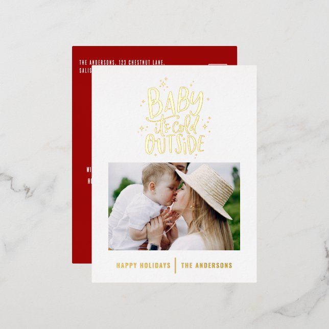 Modern minimal Christmas red elegant photo Foil Holiday Postcard (Front/Back)
