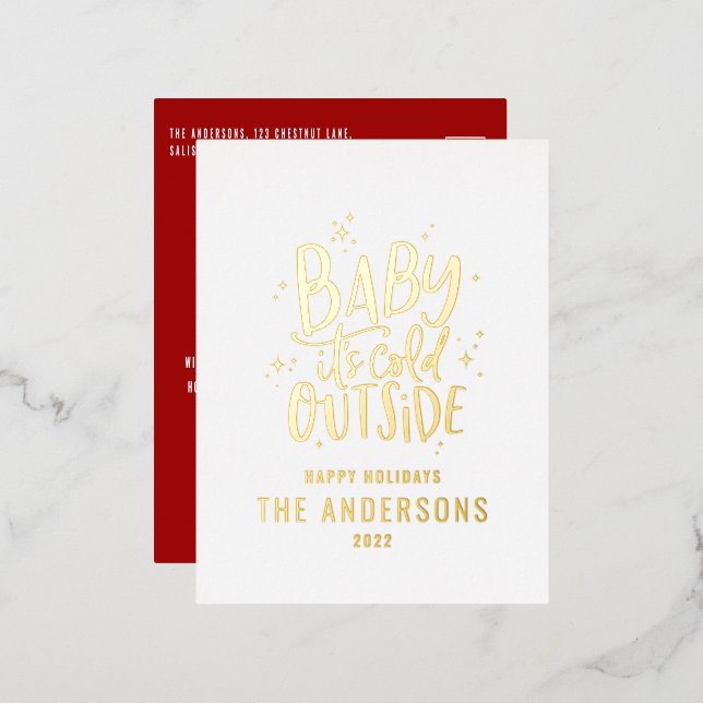 Modern minimal Christmas red traditional elegant Foil Holiday Postcard (Front/Back)