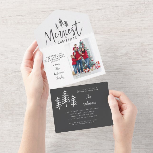 Modern minimal Christmas tree rustic photo All In One Invitation (Tearaway)