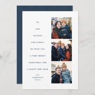 Modern minimal Christmas tree three photo navy Holiday Card