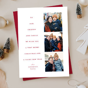 Modern minimal Christmas tree three photo red Holiday Card