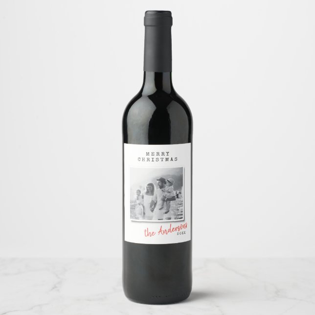 Modern minimal Christmas vintage family photo  Wine Label (Front)