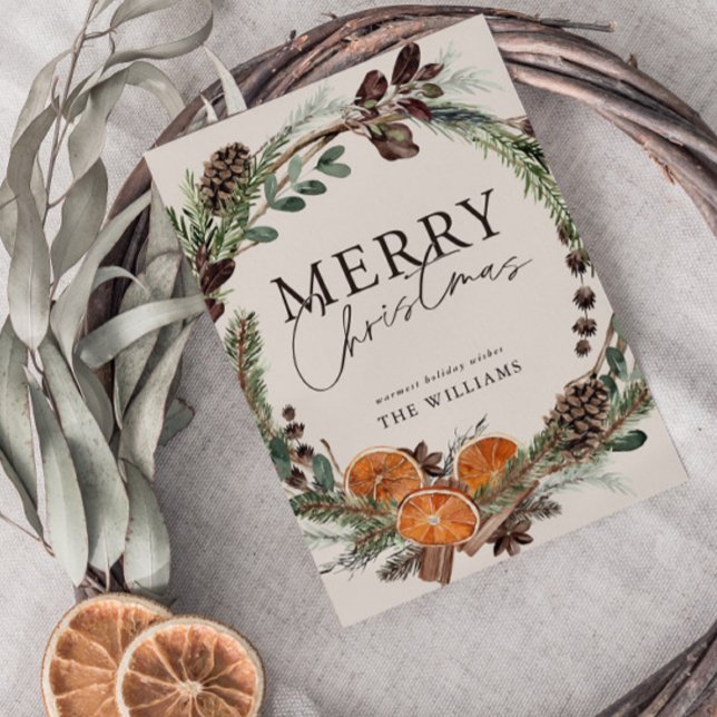 Modern Minimal Citrus Wreath Script Christmas Holiday Card (Creator Uploaded)