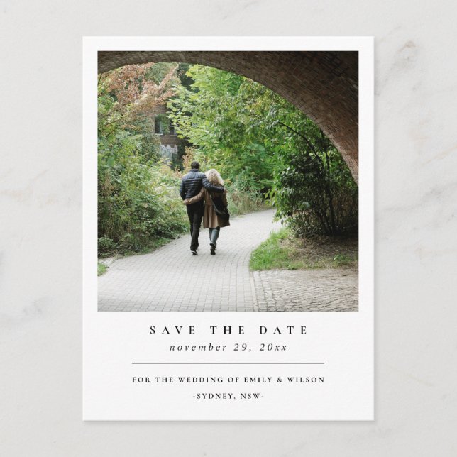 MODERN MINIMAL CLEAN CUSTOM PHOTO SAVE THE DATE ANNOUNCEMENT POSTCARD (Front)