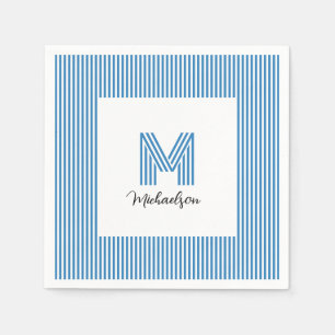 Modern Minimal Coastal Blue Stripes Monogram Napkin