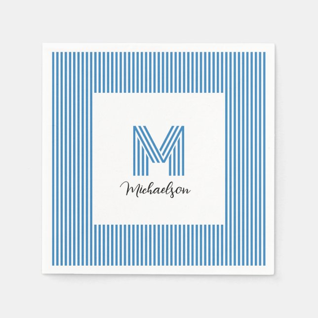 Modern Minimal Coastal Blue Stripes Monogram Napkin (Front)