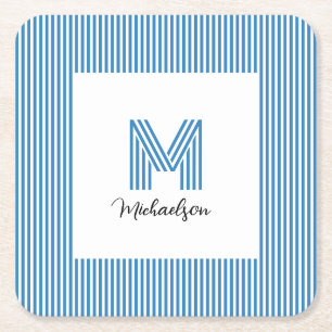 Modern Minimal Coastal Blue Stripes Monogram Square Paper Coaster